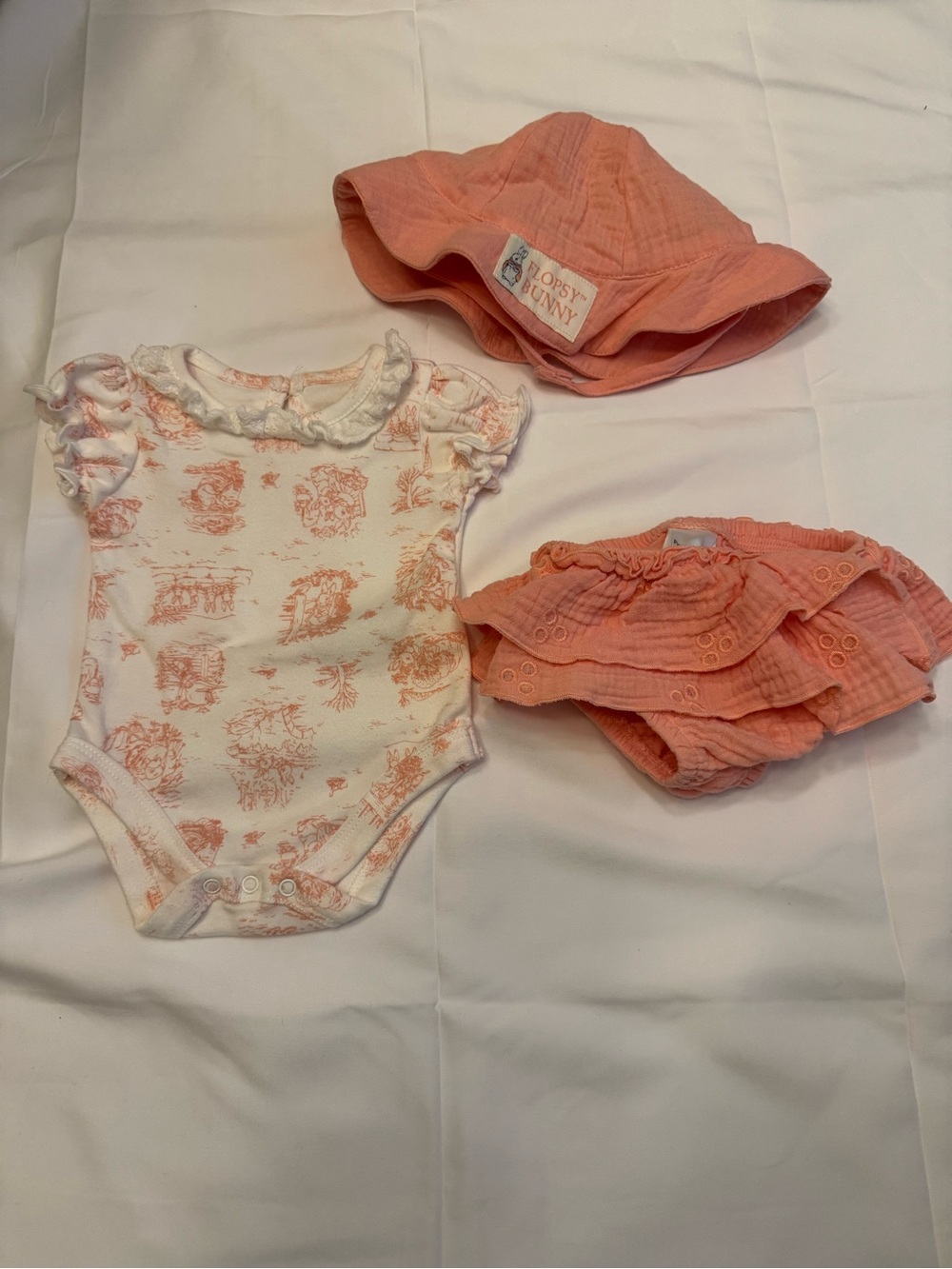 Peter Rabbit Pink Baby Sun Hat, Onesie & Ruffle Bloomers Set